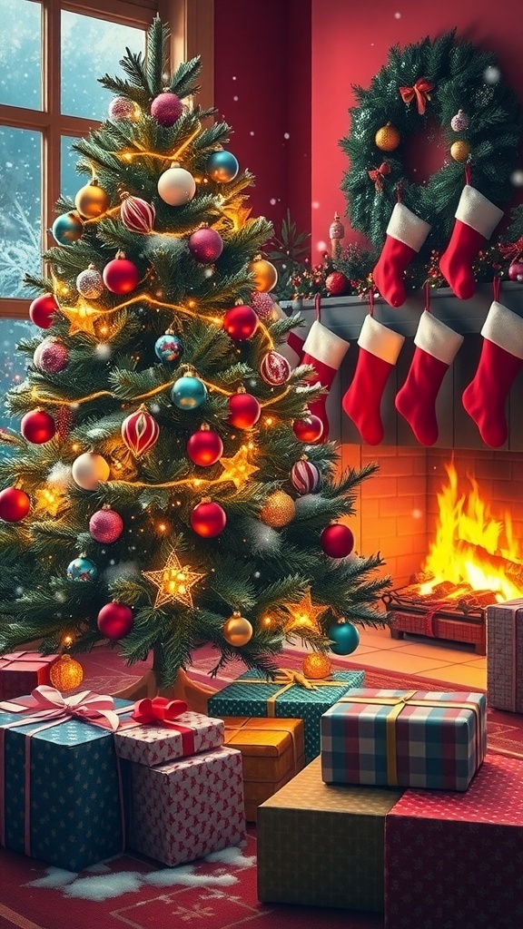 Festive Christmas Image Collection A decorated Christmas tree with gifts and a cozy fireplace in a snowy setting.